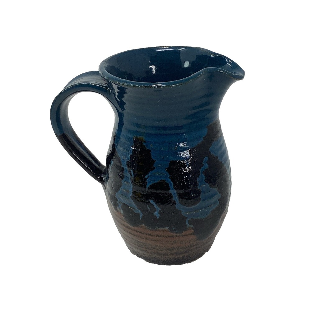 Small Blue Multicolor Handmade Signed Pottery Pitcher / Creamer 5" Tall